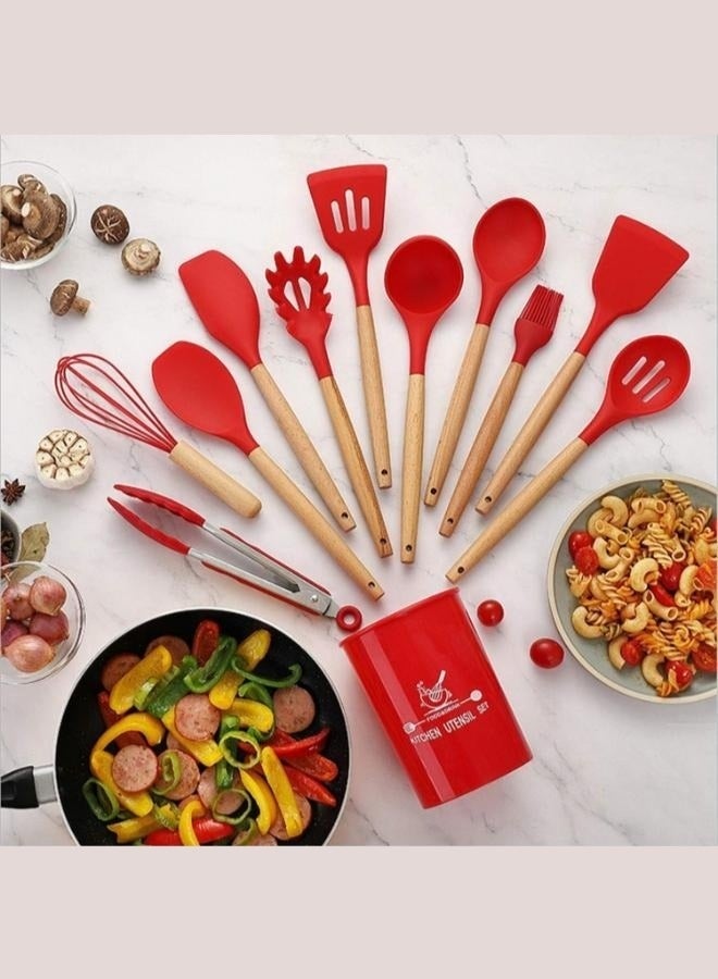 إلترازون 12-Piece Silicone Cooking Utensil Set with Wooden Handles – Heat-Resistant, Non-Stick Safe, Food-Grade BPA-Free, Durable Kitchen Tools with Holder – Dishwasher Safe - Image 1