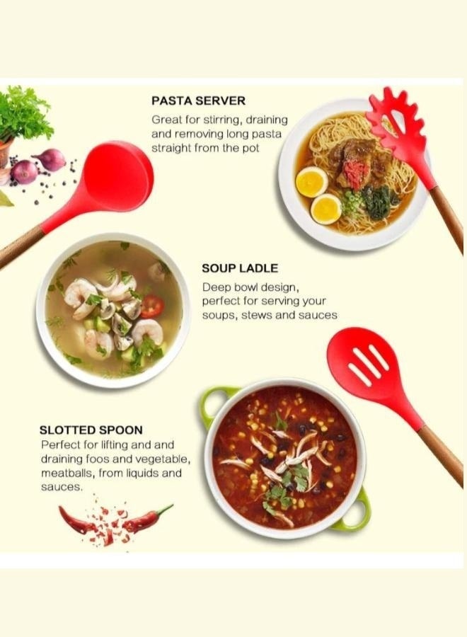 إلترازون 12-Piece Silicone Cooking Utensil Set with Wooden Handles – Heat-Resistant, Non-Stick Safe, Food-Grade BPA-Free, Durable Kitchen Tools with Holder – Dishwasher Safe - Image 2