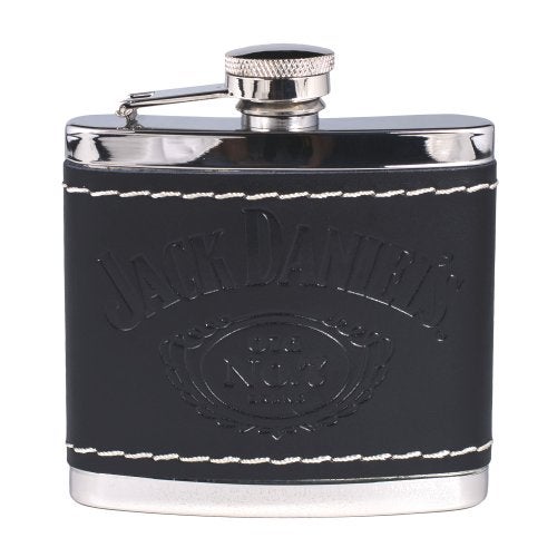Jack Daniels Licensed Barware Jack Daniel's Black Leather Wrapped Stainless Steel Flask - Image 1