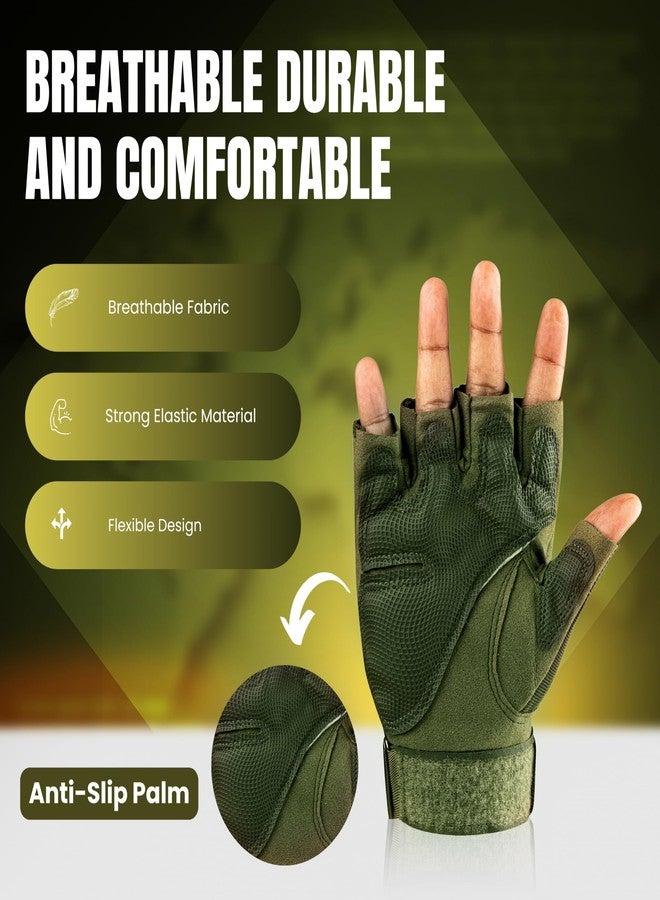 BADOWL Nylon Tactical Half-Finger Gloves for Sports, Hard Knuckle, Motorcycle Riding, Arm Shooting, Travelling, Camping and Hiking (Green, L) - Image 3