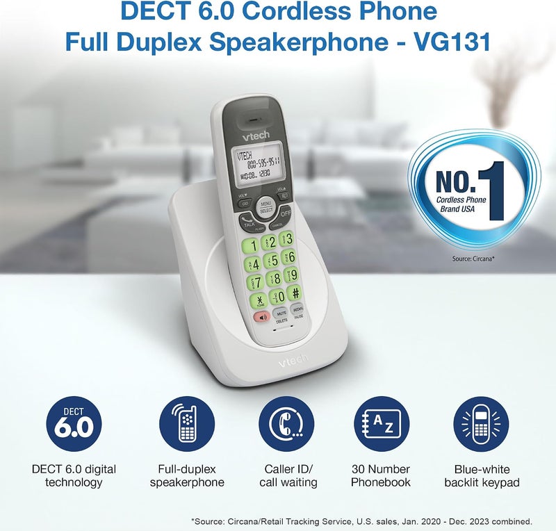 VTech VG131 DECT 6.0 Cordless Phone with Bluetooth, Full Duplex Speakerphone, Caller ID, and 1000ft Range (White/Grey) - Image 2