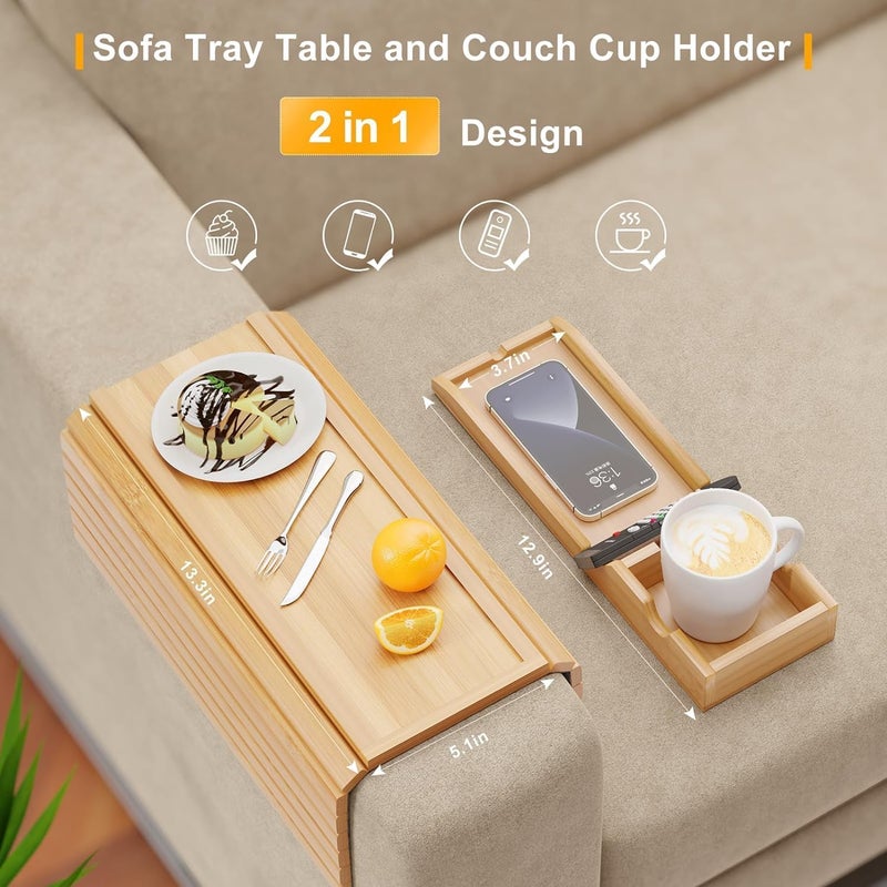 2 in 1 Bamboo Couch Cup Holder and Arm Tray - Image 2
