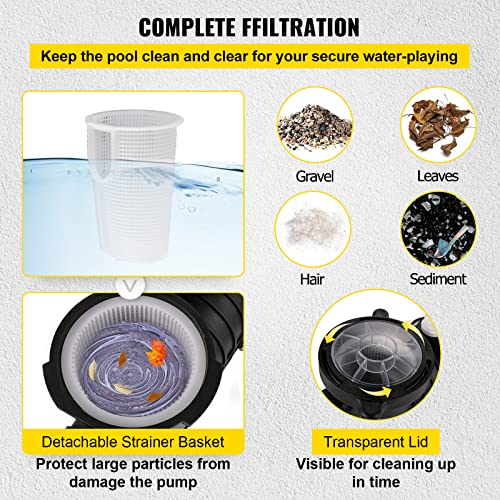 VEVOR مضخة حمام السباحة VEVOR بقوة 1 حصان، جهد مزدوج 110 فولت/220 فولت، تدور 5544 جالون في الساعة لتحريك المياه بكفاءة فوق حمامات السباحة، تشمل سلة مصفاة وموصلين 1-1/2 بوصة NPT - Image 5