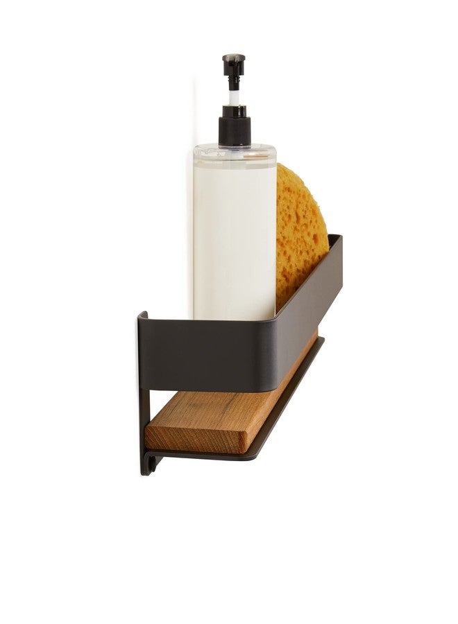 Seachrome Rectangular Shower Shelf with Rail in a Matte Black Finish and Natural Teak Wood Insert - Image 3