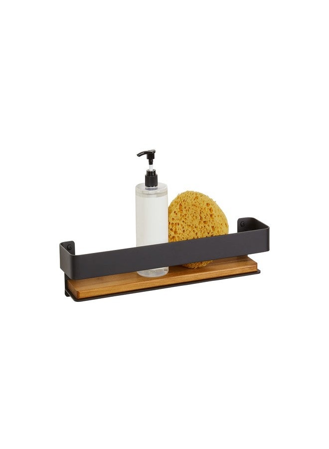 Seachrome Rectangular Shower Shelf with Rail in a Matte Black Finish and Natural Teak Wood Insert - Image 1