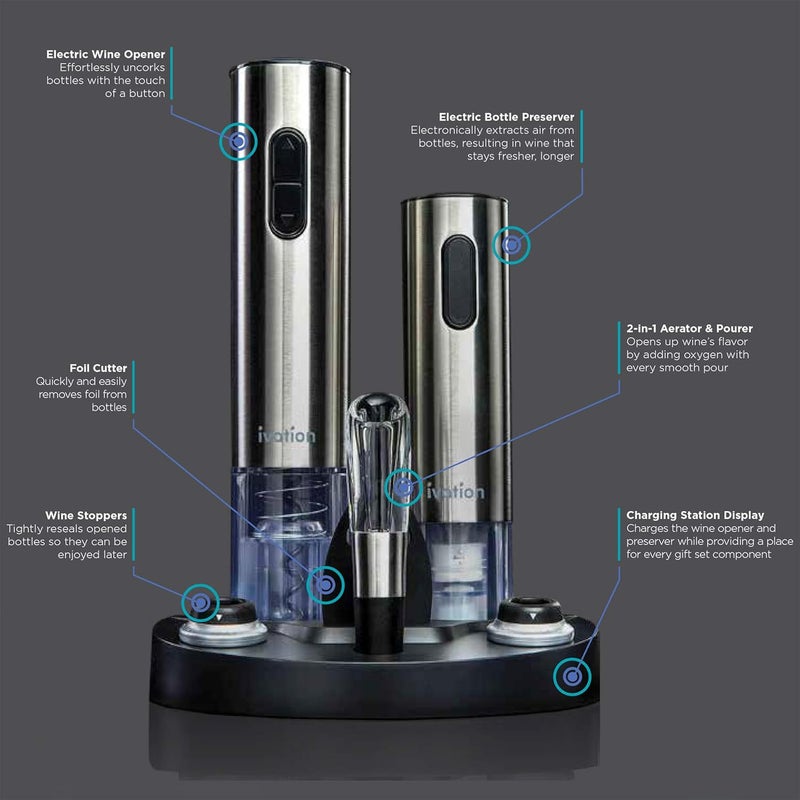 Ivation Electric Wine Gift Set – Includes Bottle Opener, Aerator, Vacuum Preserver, Stoppers, Foil Cutter & Charging Base - Image 3