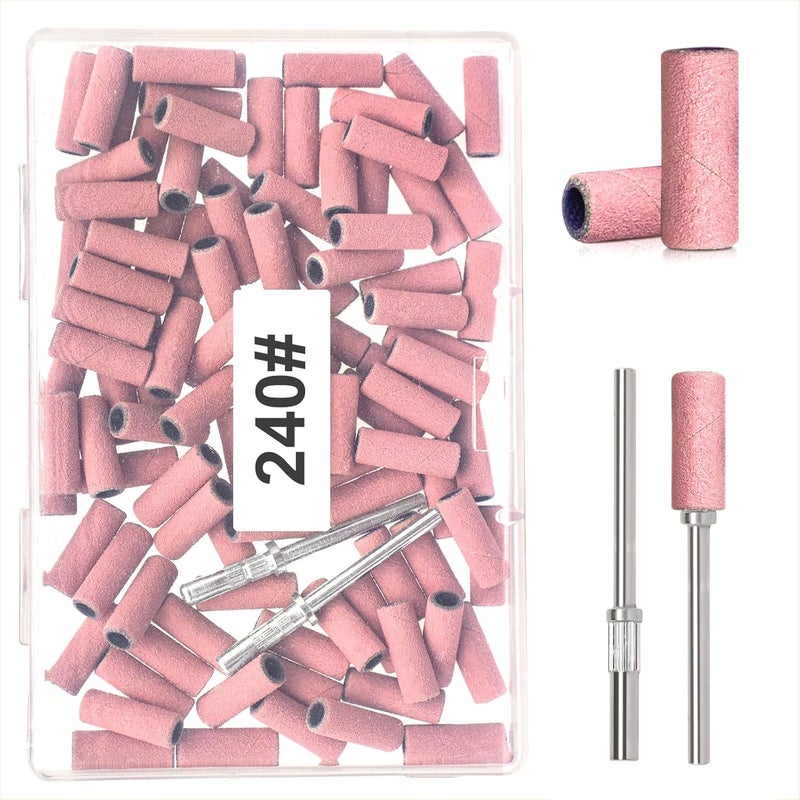 BLESWIN 100pcs Small Sanding Bands for Nail Drill Bit, 240 Fine Grit with 2pcs 3mm Drill Bits, Mini Grit Sanding Bands with Polishing Natural Nails and Cleaning Cuticle for Preparation, Pink