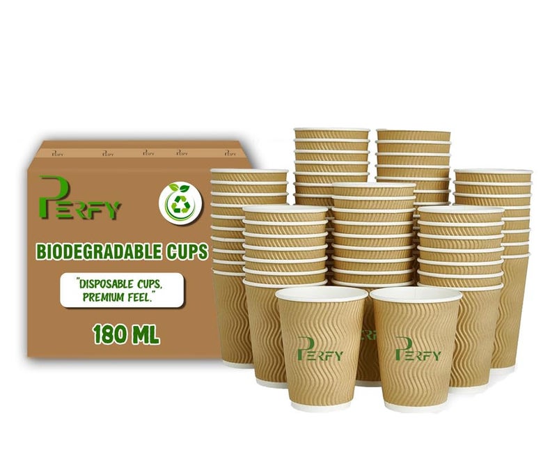 Perfy Sustainable Biodegradable Ripple Cups(180ml)|Disposable Paper Cups, Non-Slip Cups|Eco-Friendly Hot Cups|Sturdy, Microwave Safe, Brown (Pack of 75) - Image 1