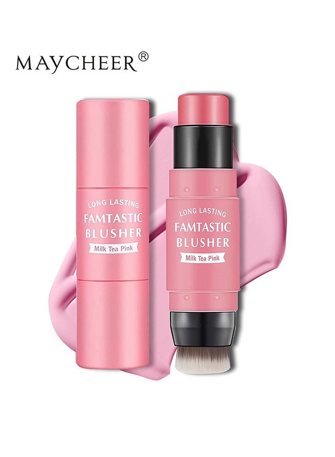 MAYCHEER Cream Blush Stick with Brush, Waterproof Blush Makeup, Long Lasting 2 In 1 Cheek Blush & Lip Tint & Eye Shadow Makeup Stick, Cream Blush Makeup for All Skin Tones（Milk Tea Pink） - Image 2