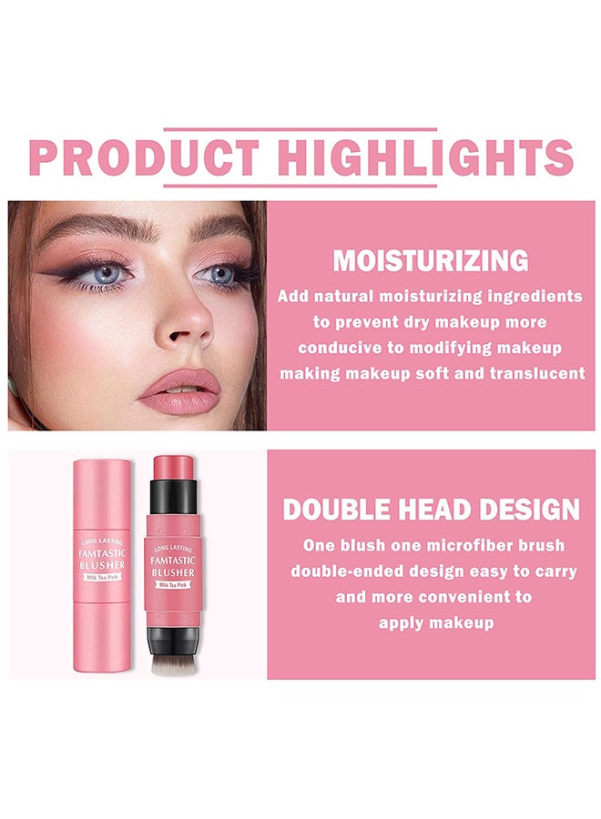 MAYCHEER Cream Blush Stick with Brush, Waterproof Blush Makeup, Long Lasting 2 In 1 Cheek Blush & Lip Tint & Eye Shadow Makeup Stick, Cream Blush Makeup for All Skin Tones（Milk Tea Pink） - Image 4