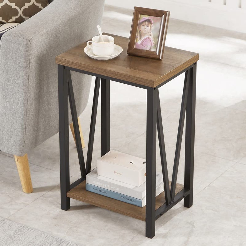 FOLUBAN Side Table with Storage Shelf Rustic End Table for Living Room Wood and Metal Nightstand for Bedroom Oak