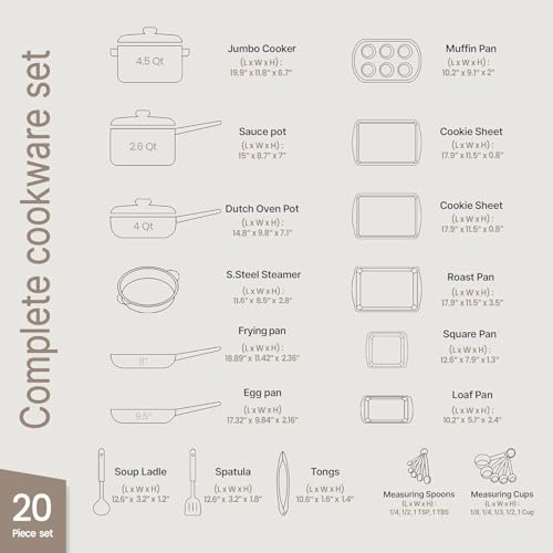 BAKKENMASTER Bakken Master 20 Piece Cookware Set - Pots and Pans with Handle Grips and Tempered Glass Lids, With 6-piece Bakeware Set, Nonstick Granite Coating, Ceramic Max Temperature (Up To 500°F), Brown Marble - Image 2