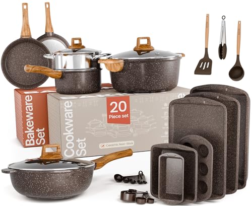 BAKKENMASTER Bakken Master 20 Piece Cookware Set - Pots and Pans with Handle Grips and Tempered Glass Lids, With 6-piece Bakeware Set, Nonstick Granite Coating, Ceramic Max Temperature (Up To 500°F), Brown Marble - Image 1