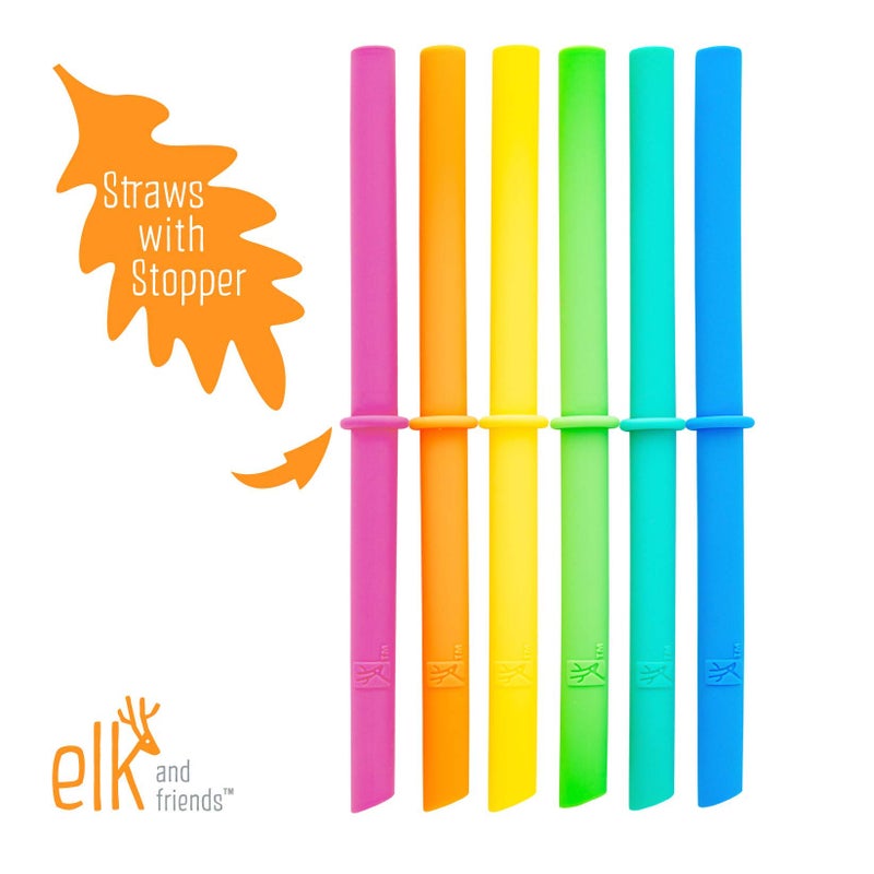 Elk and Friends Adults & Kids Reusable Silicone Straws with Stoppers (Orange/Green/Yellow/Blue (6.3" Length)) - Image 3