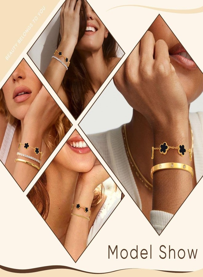 ام بيرينبو طقم أساور ذهبية نسائية - 3 قطع، سوار مزين بالزهور مطلي بالذهب عيار 18 قيراطًا، سوار من الفولاذ المقاوم للصدأ لا يفقد بريقه، سلسلة قابلة للتعديل، هدية عصرية، هدية مثالية لأعياد الميلاد وعيد الحب. - Image 3