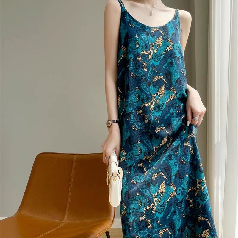 Light Luxury Acetate Satin Imitation Silk Sling dress Womens French-style Slimming Printed V-neck Elegant Base Dress 8005 cashew flower
