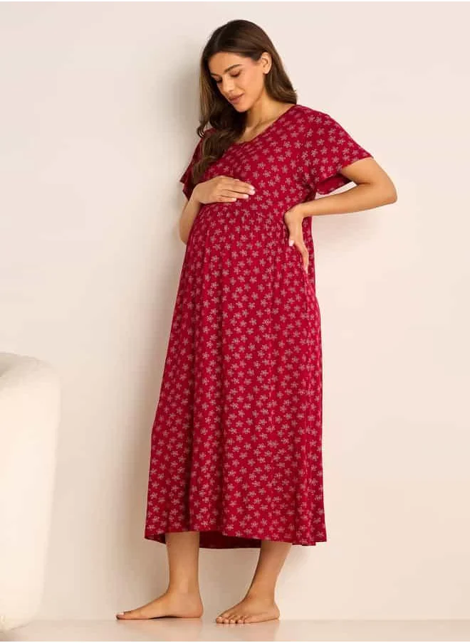 فاف Printed Maternity Sleepshirt with Short Sleeves