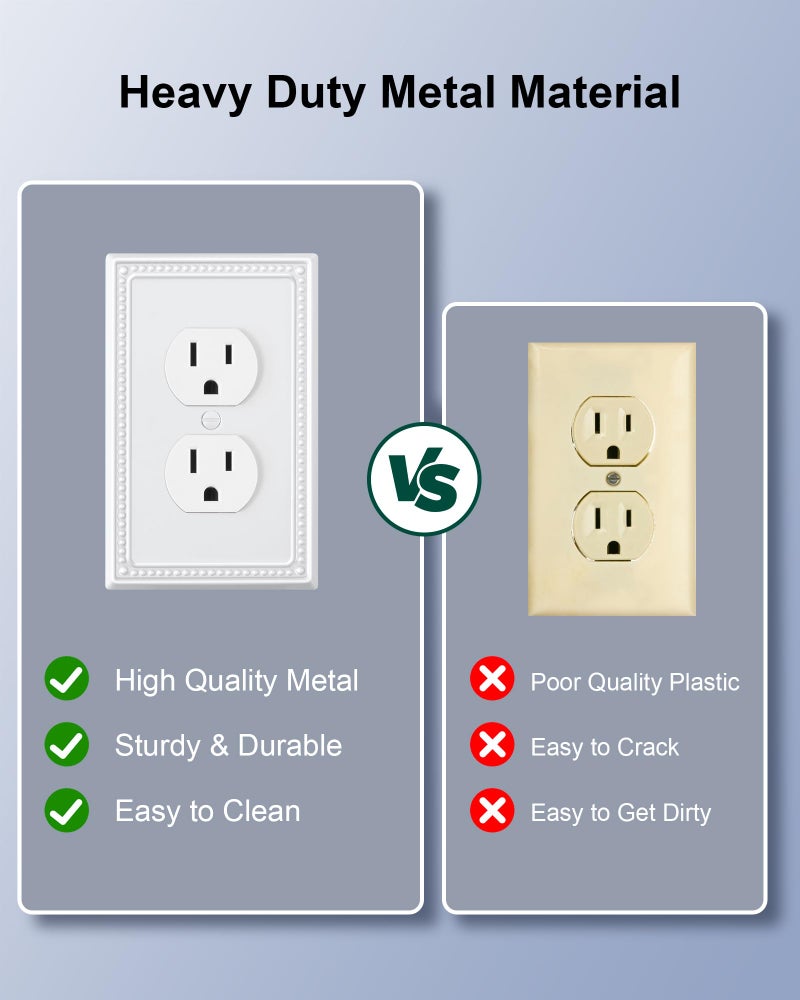 TREEWELL 6-Pack Duplex Outlet Cover Plate, Pure White Metal Wall Plates for Electrical Outlets, 1 Gang Receptacle Light Switch Cover, Pearls Decorative Switch Plates and Outlet Covers - Image 4