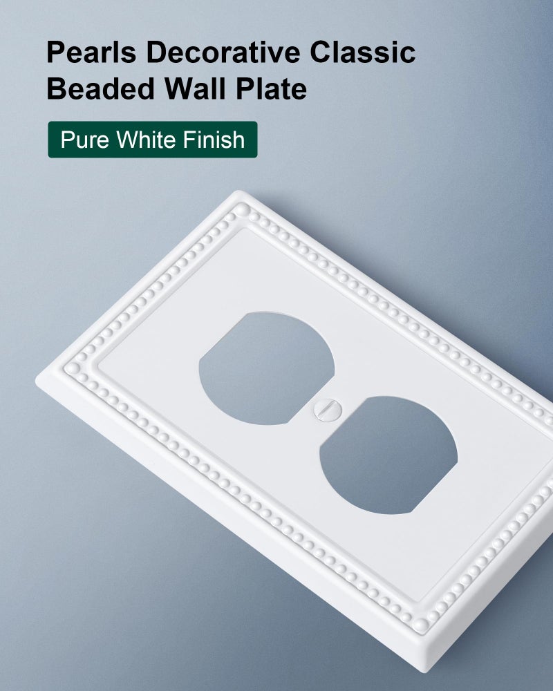 TREEWELL 6-Pack Duplex Outlet Cover Plate, Pure White Metal Wall Plates for Electrical Outlets, 1 Gang Receptacle Light Switch Cover, Pearls Decorative Switch Plates and Outlet Covers - Image 3