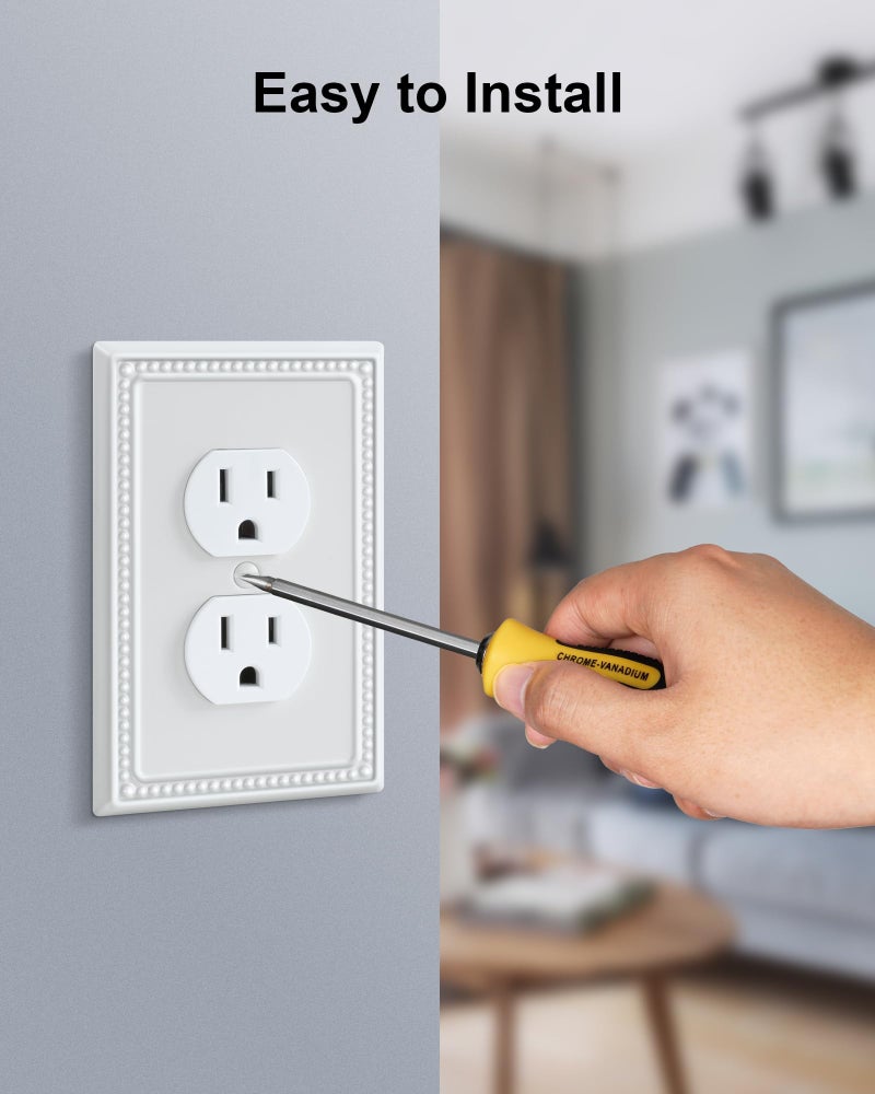TREEWELL 6-Pack Duplex Outlet Cover Plate, Pure White Metal Wall Plates for Electrical Outlets, 1 Gang Receptacle Light Switch Cover, Pearls Decorative Switch Plates and Outlet Covers - Image 5
