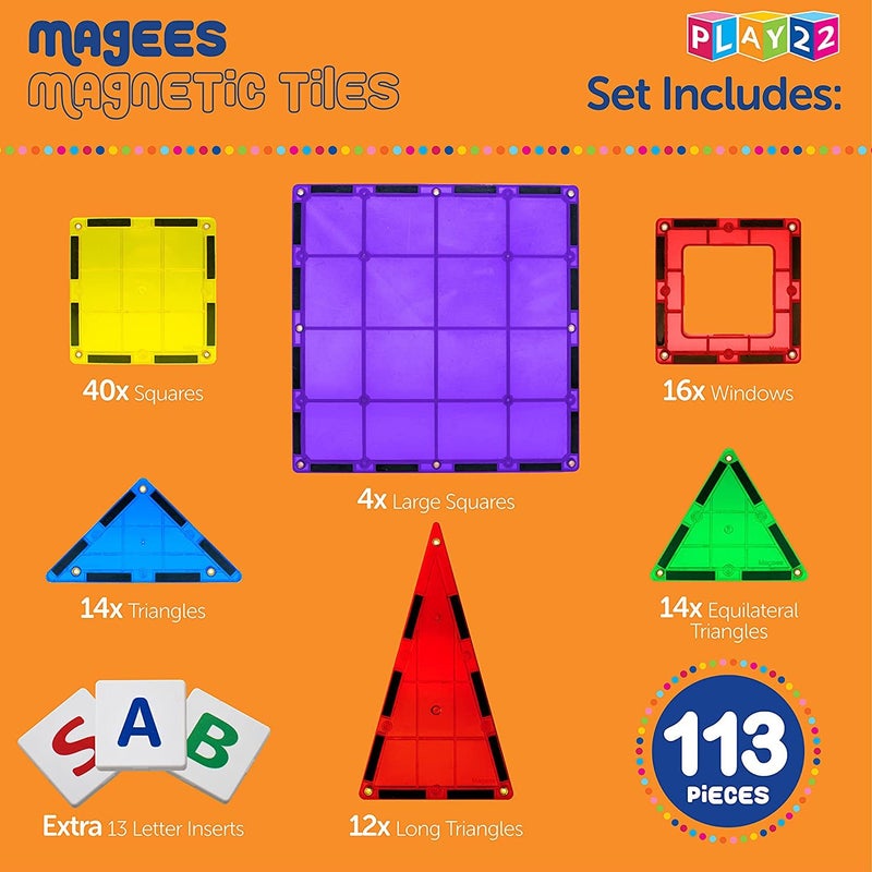 Play22 Magnetic Tiles Building Blocks - 113pcs Advanced Set - STEM Toys for 3+ Year Old Boys and Girls -Strongest Magnets - Includes 13 Piece Insert Alphabet Cards - Learning by Playing - Image 3