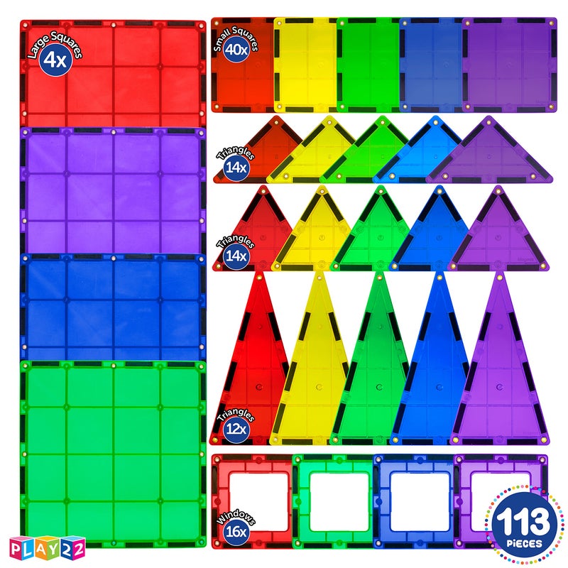 Play22 Magnetic Tiles Building Blocks - 113pcs Advanced Set - STEM Toys for 3+ Year Old Boys and Girls -Strongest Magnets - Includes 13 Piece Insert Alphabet Cards - Learning by Playing - Image 5