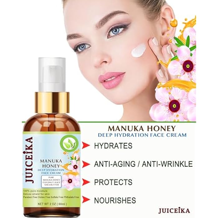 juiceika MANUKA HONEY Deep Hydration Face Cream Face Moisturizer. Manuka Oil, Aloe Vera, Shea Butter, Coconut Oil, Jojoba Oil, Squalane, Hyaluronic Acid, Avocado Oil 2 Fl. oz. - 60 ml. - Image 5