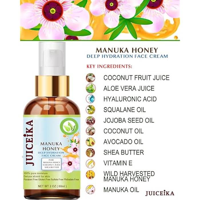 juiceika MANUKA HONEY Deep Hydration Face Cream Face Moisturizer. Manuka Oil, Aloe Vera, Shea Butter, Coconut Oil, Jojoba Oil, Squalane, Hyaluronic Acid, Avocado Oil 2 Fl. oz. - 60 ml. - Image 4