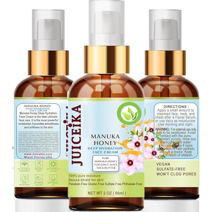 juiceika MANUKA HONEY Deep Hydration Face Cream Face Moisturizer. Manuka Oil, Aloe Vera, Shea Butter, Coconut Oil, Jojoba Oil, Squalane, Hyaluronic Acid, Avocado Oil 2 Fl. oz. - 60 ml. - Image 1