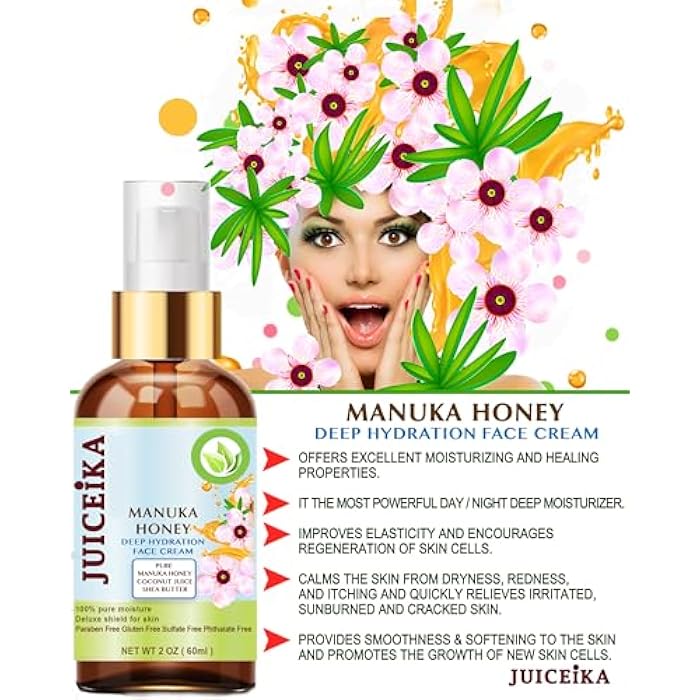 juiceika MANUKA HONEY Deep Hydration Face Cream Face Moisturizer. Manuka Oil, Aloe Vera, Shea Butter, Coconut Oil, Jojoba Oil, Squalane, Hyaluronic Acid, Avocado Oil 2 Fl. oz. - 60 ml. - Image 3