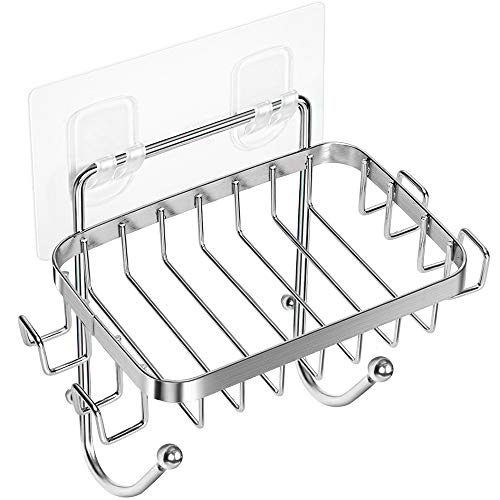 ODesign Soap Dish Holder SUS304 Stainless Steel with 6 Hooks Loofah Bath Sponge Towel Razor Holder for Bathroom Shower Kitchen Adhesive Wall Mounted No Drilling-Silver-1 Pack - Image 1