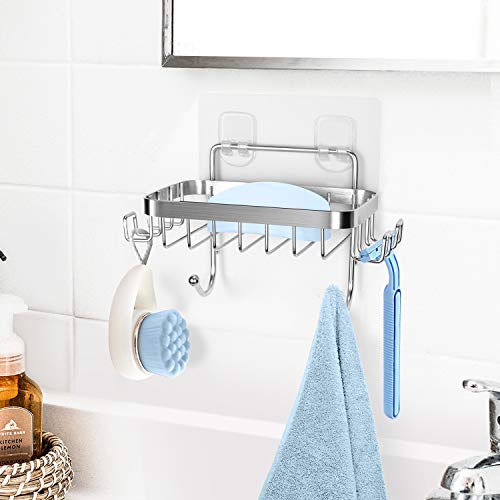 ODesign Soap Dish Holder SUS304 Stainless Steel with 6 Hooks Loofah Bath Sponge Towel Razor Holder for Bathroom Shower Kitchen Adhesive Wall Mounted No Drilling-Silver-1 Pack - Image 2
