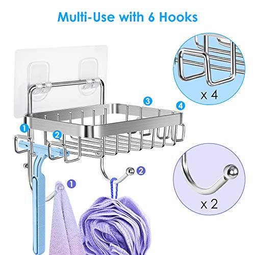 ODesign Soap Dish Holder SUS304 Stainless Steel with 6 Hooks Loofah Bath Sponge Towel Razor Holder for Bathroom Shower Kitchen Adhesive Wall Mounted No Drilling-Silver-1 Pack - Image 3