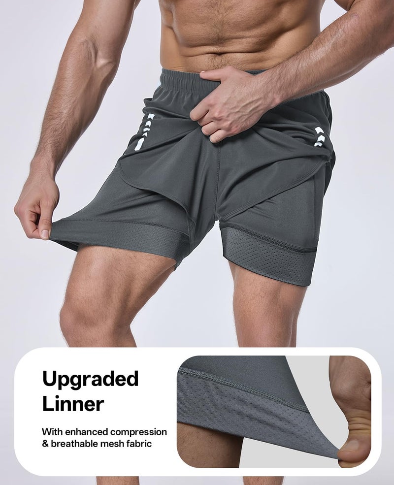 persimar Men's 2 in 1 Running Shorts 5 inch Gym Athletic Workout Shorts with Liner Quick Dry with Back Zipper Pockets - Image 4