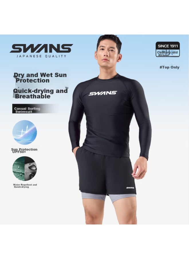 Speed Vision Swans Men's Swimwear Top, Long Sleeve, Sun Protection, Quick-dry, Surfing Suit, Diving Professional Men's Swimwear, Black, 3XL - Image 1