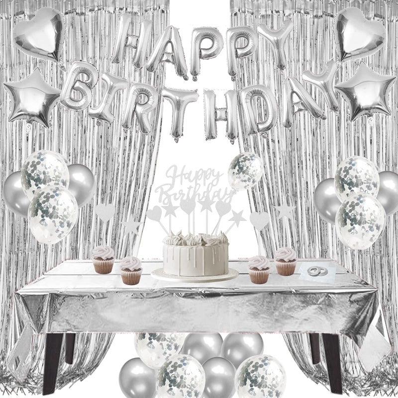 ZERODECO Silver Birthday Decorations Foil Happy Birthday Banner Tablecloth Fringe Curtains Cake Flag Star Heart Balloons Confetti Latex Balloons - Image 3