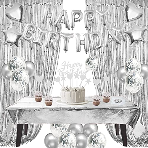 ZERODECO Silver Birthday Decorations Foil Happy Birthday Banner Tablecloth Fringe Curtains Cake Flag Star Heart Balloons Confetti Latex Balloons - Image 1