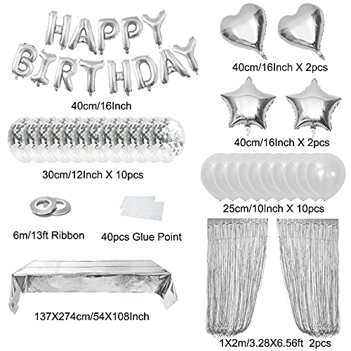 ZERODECO Silver Birthday Decorations Foil Happy Birthday Banner Tablecloth Fringe Curtains Cake Flag Star Heart Balloons Confetti Latex Balloons - Image 5