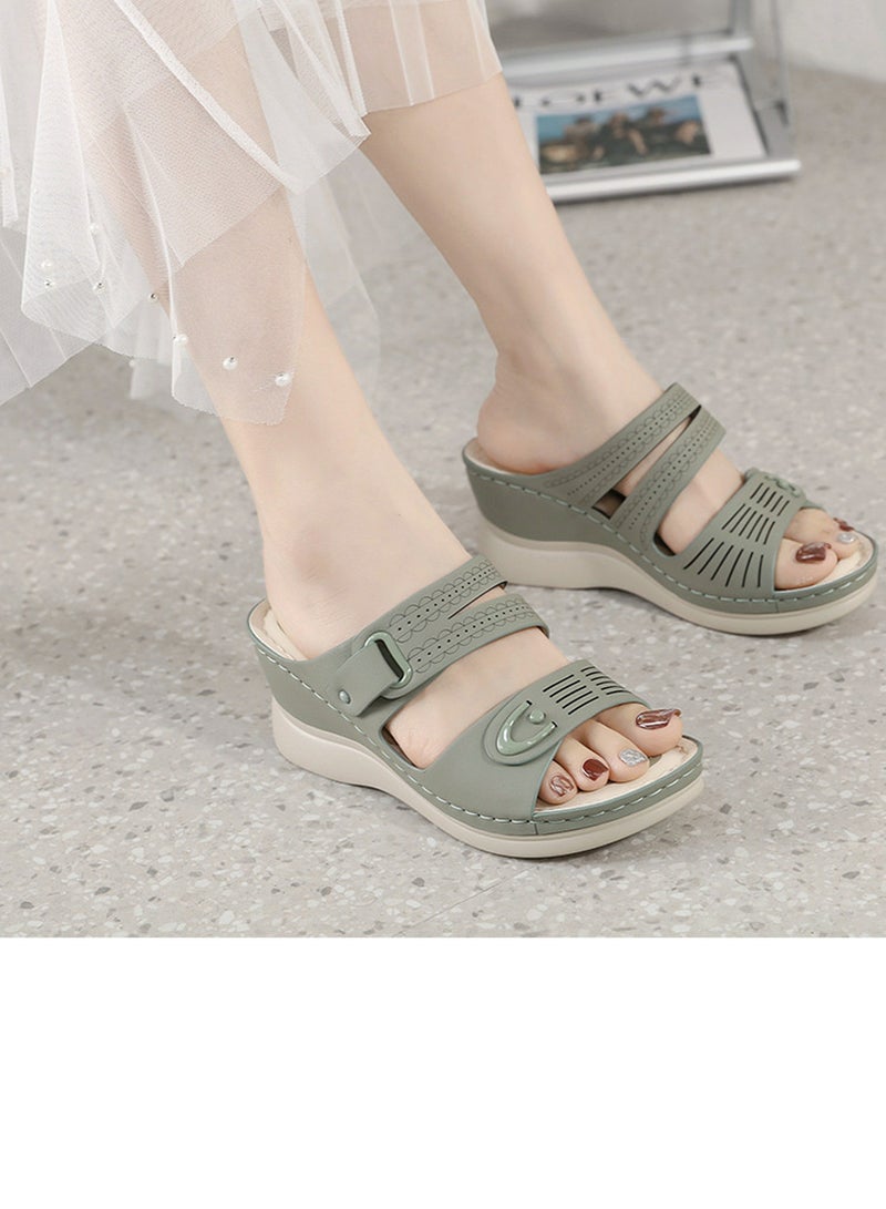 Loquat Womens Wedge Sandals Slippers Casual Slip On Summer Shoes Dusty Green  - Image 3