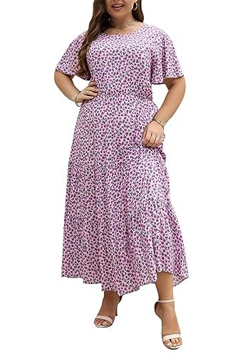 Nemidor Plus Size Maxi Dresses for Curvy Women Summer Casual Boho Ditsy Floral Print Layered Flared Long Dress with Pocket(304,22,Purple Print) - Image 1