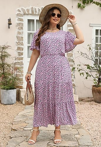 Nemidor Plus Size Maxi Dresses for Curvy Women Summer Casual Boho Ditsy Floral Print Layered Flared Long Dress with Pocket(304,22,Purple Print) - Image 4