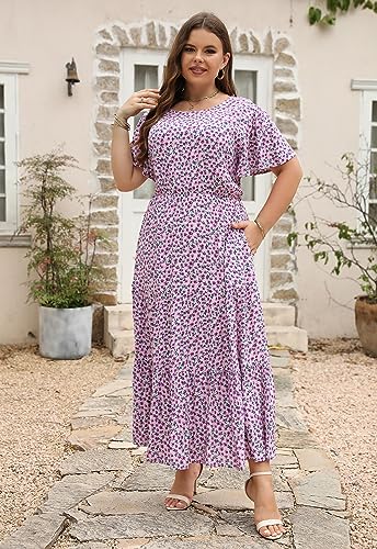 Nemidor Plus Size Maxi Dresses for Curvy Women Summer Casual Boho Ditsy Floral Print Layered Flared Long Dress with Pocket(304,22,Purple Print) - Image 2