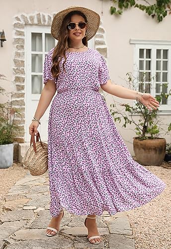Nemidor Plus Size Maxi Dresses for Curvy Women Summer Casual Boho Ditsy Floral Print Layered Flared Long Dress with Pocket(304,22,Purple Print) - Image 3