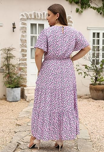 Nemidor Plus Size Maxi Dresses for Curvy Women Summer Casual Boho Ditsy Floral Print Layered Flared Long Dress with Pocket(304,22,Purple Print) - Image 5