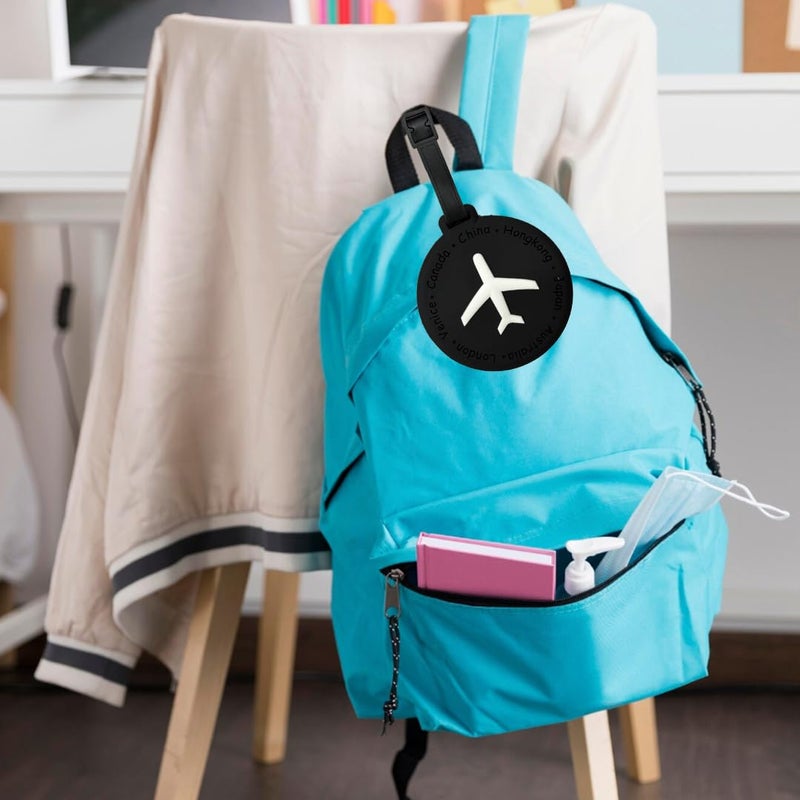 Eitheo بطاقات أمتعة للأطفال بطاقات أمتعة مع اسم وعنوان | بطاقات أمتعة سيليكون للحقائب، بطاقات لتحديد الحقائب/حقائب المدرسة ملصق ملون متعدد (طائرة سوداء) - Image 3