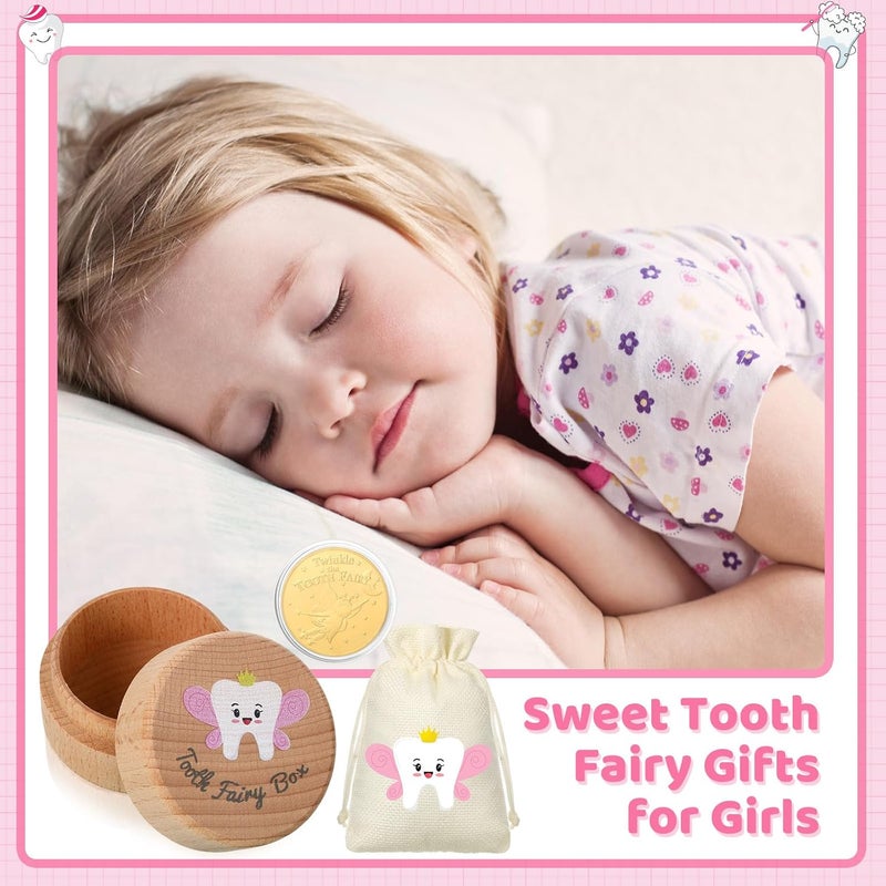 Equsion 3 Pcs Tooth Fairy Gifts for Girls and Boys Tooth Fairy Box Coin Unicorn Bag with Gold Foil Reward Coins Wood Baby Keepsake Box for Lost Teeth Kids Birthday Gift - Image 4
