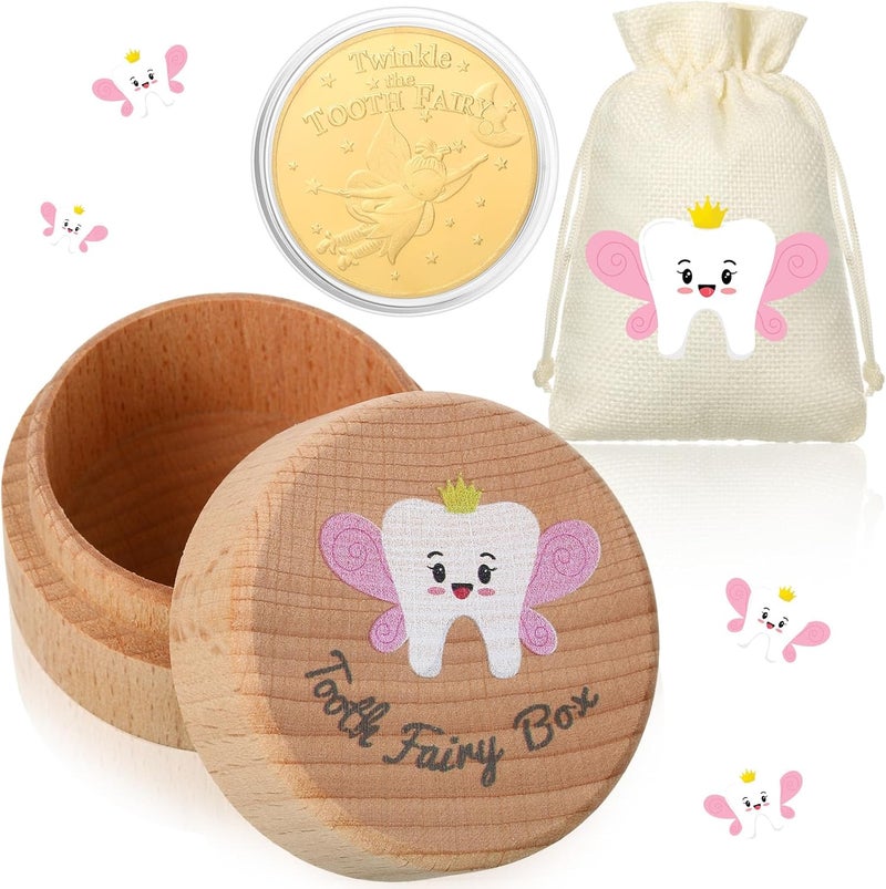 Equsion 3 Pcs Tooth Fairy Gifts for Girls and Boys Tooth Fairy Box Coin Unicorn Bag with Gold Foil Reward Coins Wood Baby Keepsake Box for Lost Teeth Kids Birthday Gift - Image 1