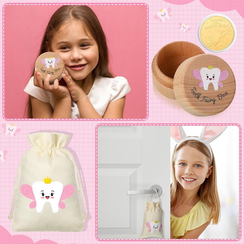 Equsion 3 Pcs Tooth Fairy Gifts for Girls and Boys Tooth Fairy Box Coin Unicorn Bag with Gold Foil Reward Coins Wood Baby Keepsake Box for Lost Teeth Kids Birthday Gift - Image 5