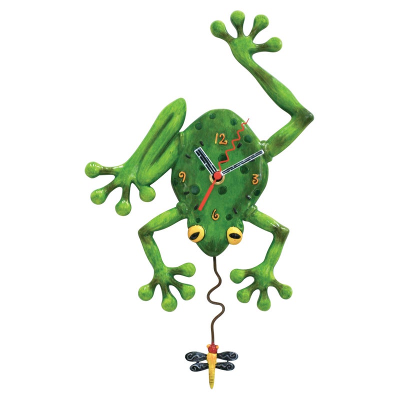 Allen Designs Enesco Frog Catching a Dragonfly Sculpted Pendulum Wall Clock 14 Inch Green