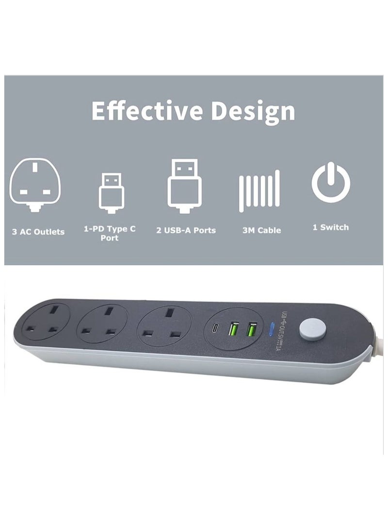 شريط طاقة بثلاثة منافذ، كابل 3 متر، منفذي USB، منفذ واحد من النوع C، أجهزة منزلية، مكتب، شاحن جوال، كمبيوتر محمول، كمبيوتر - Image 3